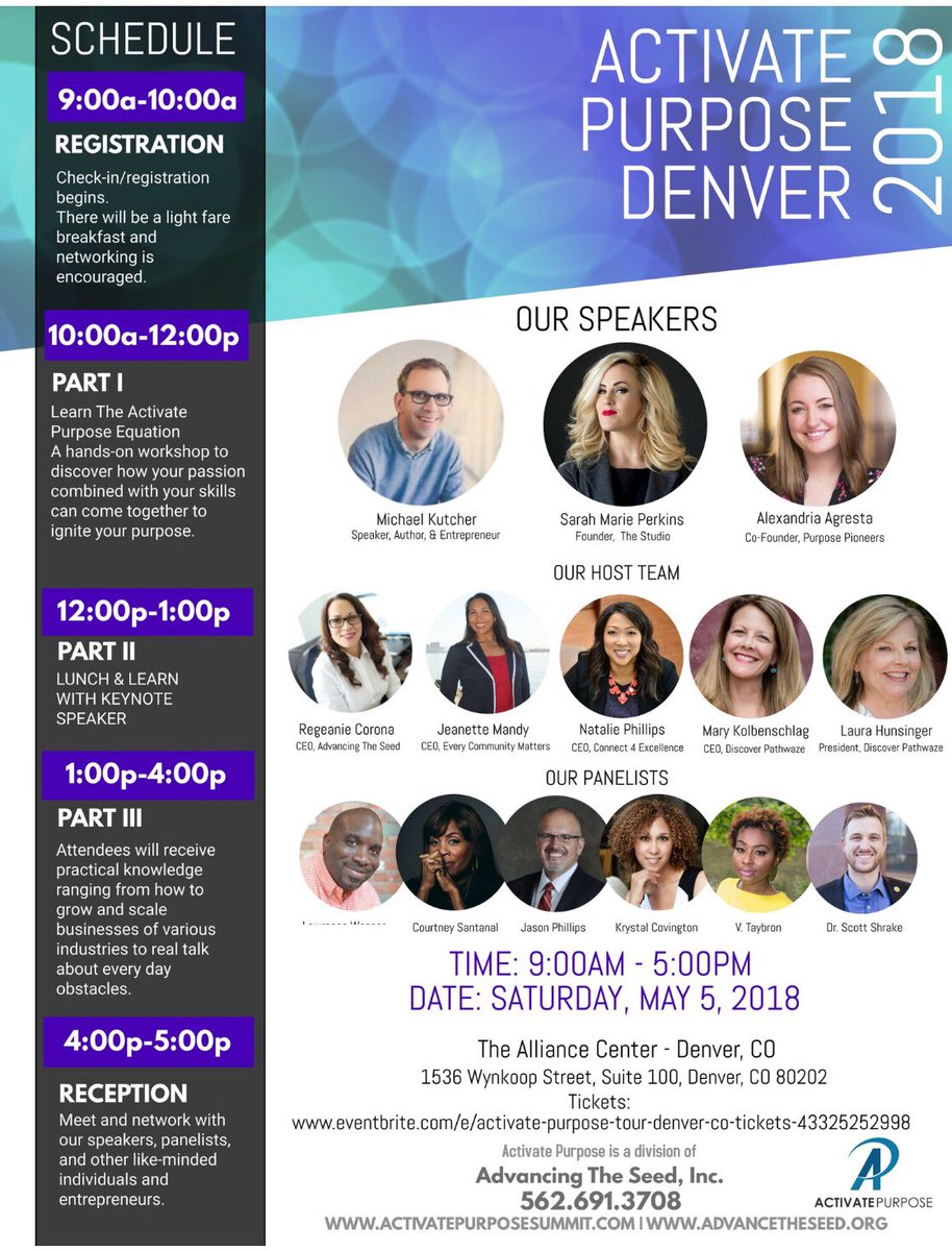 AdvanceTheSeed's tweet photo. SPONSORING attendance for underserved women &amp; young adults interested at #ActivatePurpose in #Denver SAT 5/5/18 9a-5p msg us for tix
#Purpose Discovery
#Passion &amp; Skills
#socialenterprise @WOWDenver
@MetroCaring @UnitedWayDenver
@WFColorado
@MiCasaDenver https://t.co/ZWgzS9Woj5
