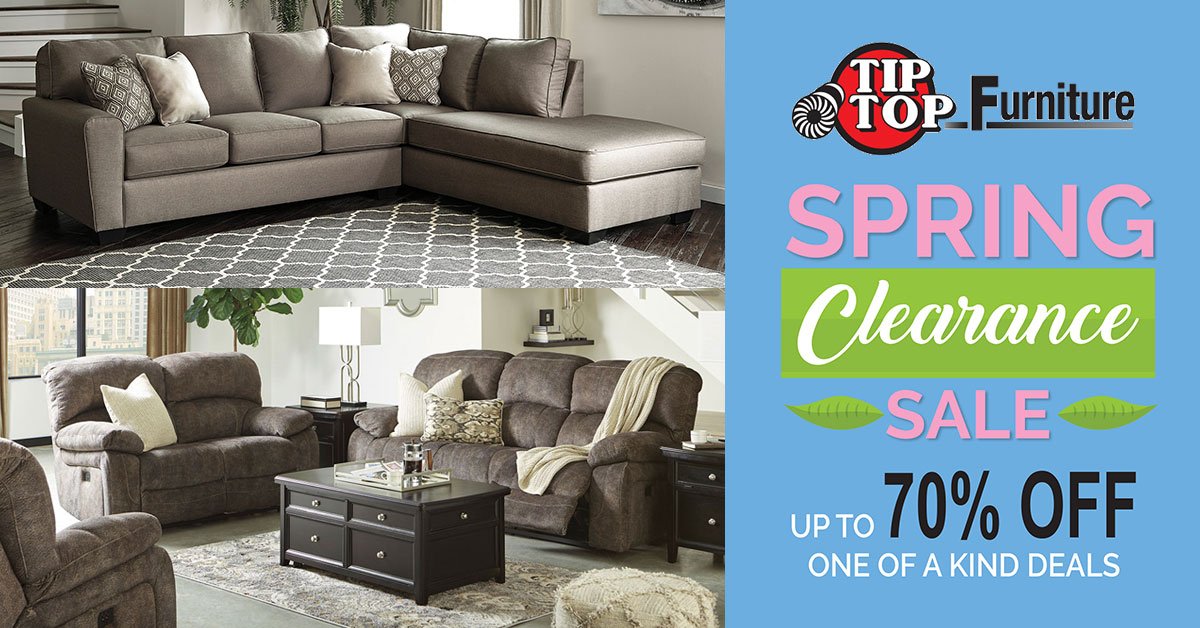 Tip Top’s SPRING CLEARANCE SALE is ending soon! Don't miss your last chance to on one-of-a-kind deals up to 70% OFF! Plus, a huge selection of Ashley sofas, sectionals, sofasleepers and loveseats, Flexsteel &amp; La-Z-Boy recliners, outdoor furniture &amp; MORE! ow.ly/x3eH30jbACm