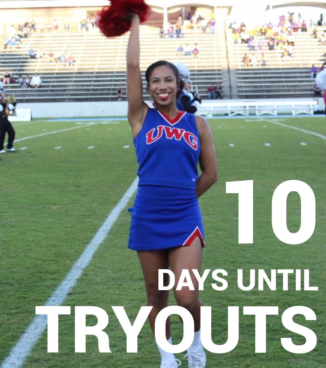 UWGCheer's tweet photo. Get excited! There are only 10 short days until we pick the 2018-2019 teams! https://t.co/BUX5c6dMQ6