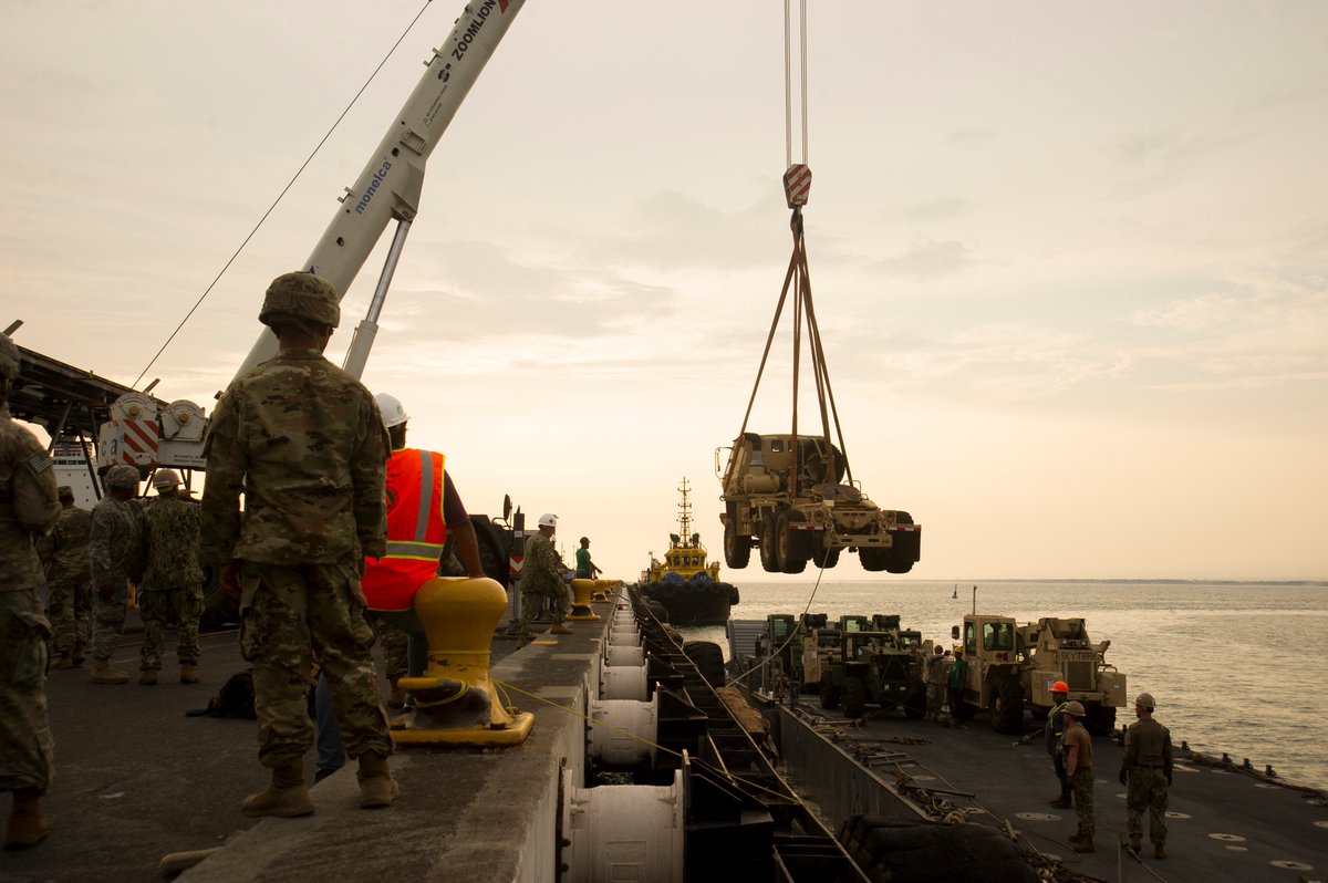 Southcom's tweet photo. The @MSCSealift #JLOTS is supporting the humanitarian exercise Beyond the Horizon, led by @ArmySouth. JLOTS is a capability to move cargo from ship to  shore, without fixed-port facilities. It supported Haiti after 2010 earthquake devastated ports there. @US_TRANSCOM #USNSBrittin https://t.co/1LKADiG99G