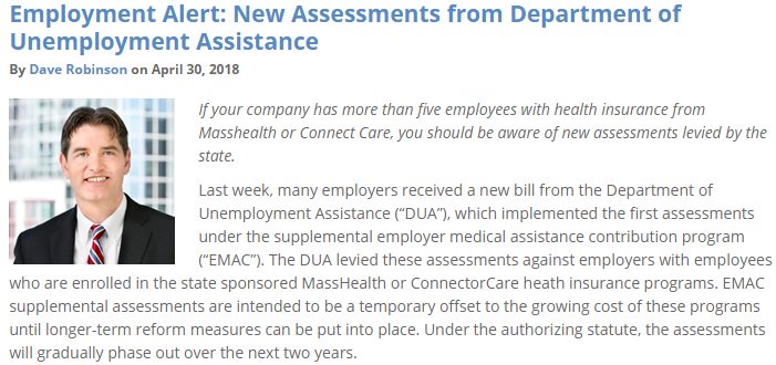 #EmploymentAlert - New assessments from Department of Unemployment Assistance <a href="/DWRobinsonesq/">David Robinson</a> "If your company has > than 5 employees w/ health insurance from Masshealth or Connect Care you should be aware of assessments levied by state"  Full Article -> goo.gl/njTcSU