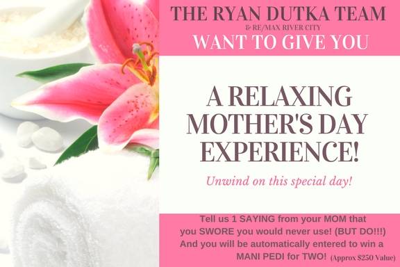 RyanDutka_'s tweet photo. It's #contest time! The Ryan Dutka Team and REMAX River City want to treat you and your mom to a relaxing mani pedi for #mothersday! Simply head to our Facebook page to enter. Contest closes May 11 at 12pm! #weloveourclients #weloveourjob #yegcontest #yegrealestate https://t.co/o42tClAwIm