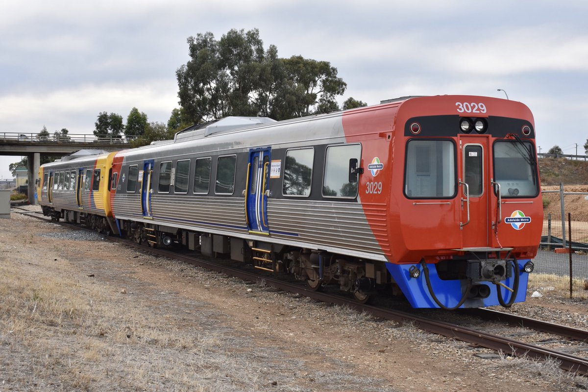 cjsheldon2012's tweet photo. The second 3000-class railcar to receive the new livery and new engine is 3029, seen at Mawson Lakes and the back road at Islington while out on a test run on Tuesday. #Adelaide https://t.co/P7mRH1XtLE
