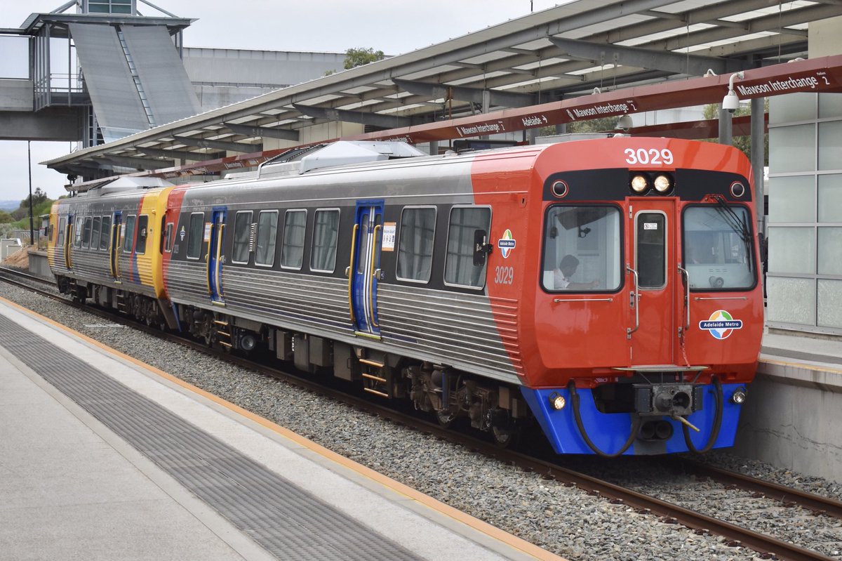cjsheldon2012's tweet photo. The second 3000-class railcar to receive the new livery and new engine is 3029, seen at Mawson Lakes and the back road at Islington while out on a test run on Tuesday. #Adelaide https://t.co/P7mRH1XtLE