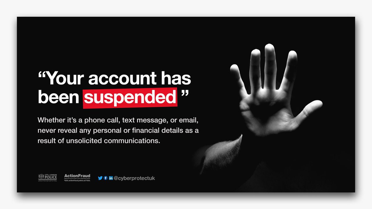 Whether it’s a call, email or text, never reveal any personal / financial details as a result of unsolicited communication. Criminals can spoof the email addresses and phone numbers of companies you know and trust. #TakeFive