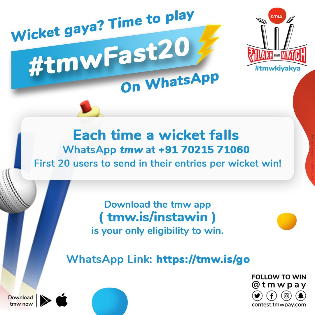 tmwpay's tweet photo. Time to ramp up the excitement with #tmwFast20 this #T20 season! 
⚡️ WhatsApp tmw each time a wicket falls at 💬 +91 70215 71060 or click the link 👉🏻 https://t.co/UloZJGkjAd 👈🏻 and the first 20 users win surprise cash prizes in their tmw #SmartSpend accounts!
#ContestAlert https://t.co/lmmwwEJGlN