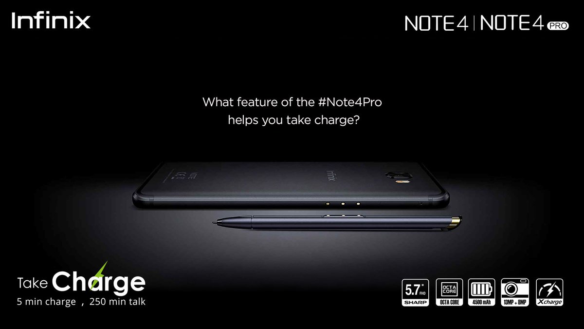 InfinixNigeria's tweet photo. We didn't call it the #TakeCharge smartphone for nothing. What feature of the #Note4Pro helps you take charge? https://t.co/bN2eSXA8AV
