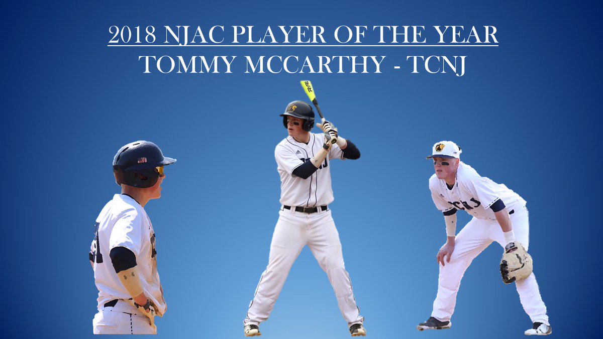 BASEBALLTCNJ's tweet photo. TCNJ Baseball is proud of one of our own, 1B Tommy McCarthy (Jr.), for being honored as the 2018 NJAC Player the Year!!

Tommy led the conference in Hits and was top 3 in Batting Average and On-Base %!

Congratulations Tommy, well deserved! #PlayerOfTheYear #LionPride https://t.co/Rk50szRYpj