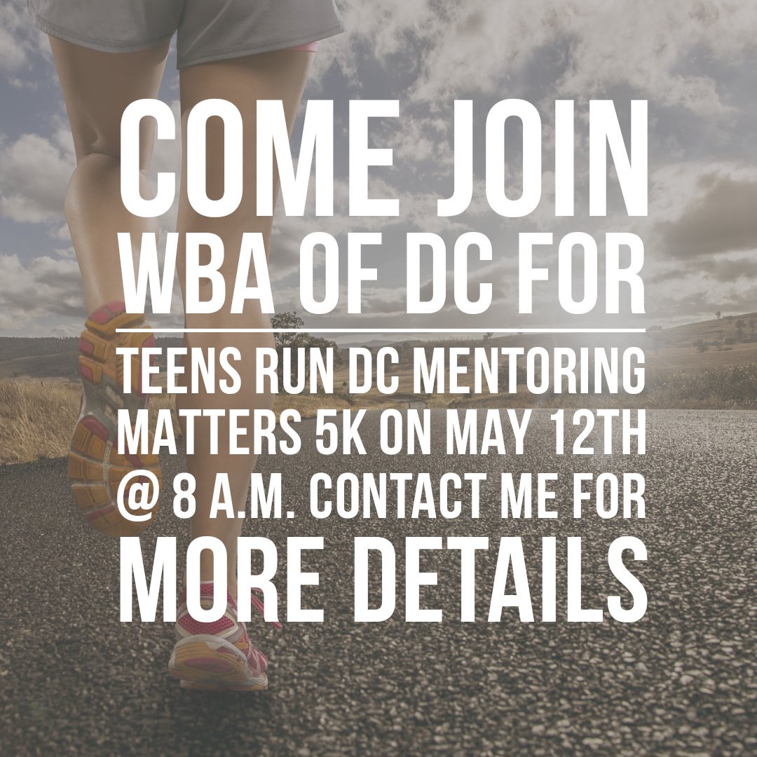 RingRing_ItsMe's tweet photo. Join us, the WBA of DC, on May 12th as we lace up our sneakers for a good cause - Teens Run DC Mentoring Matters 5K. Contact me for more details #runningforacause #communityinvolvement #community #teensrundc #wbadc #dcattorney #attorneys #getinvolved https://t.co/GSpmlqeXEy