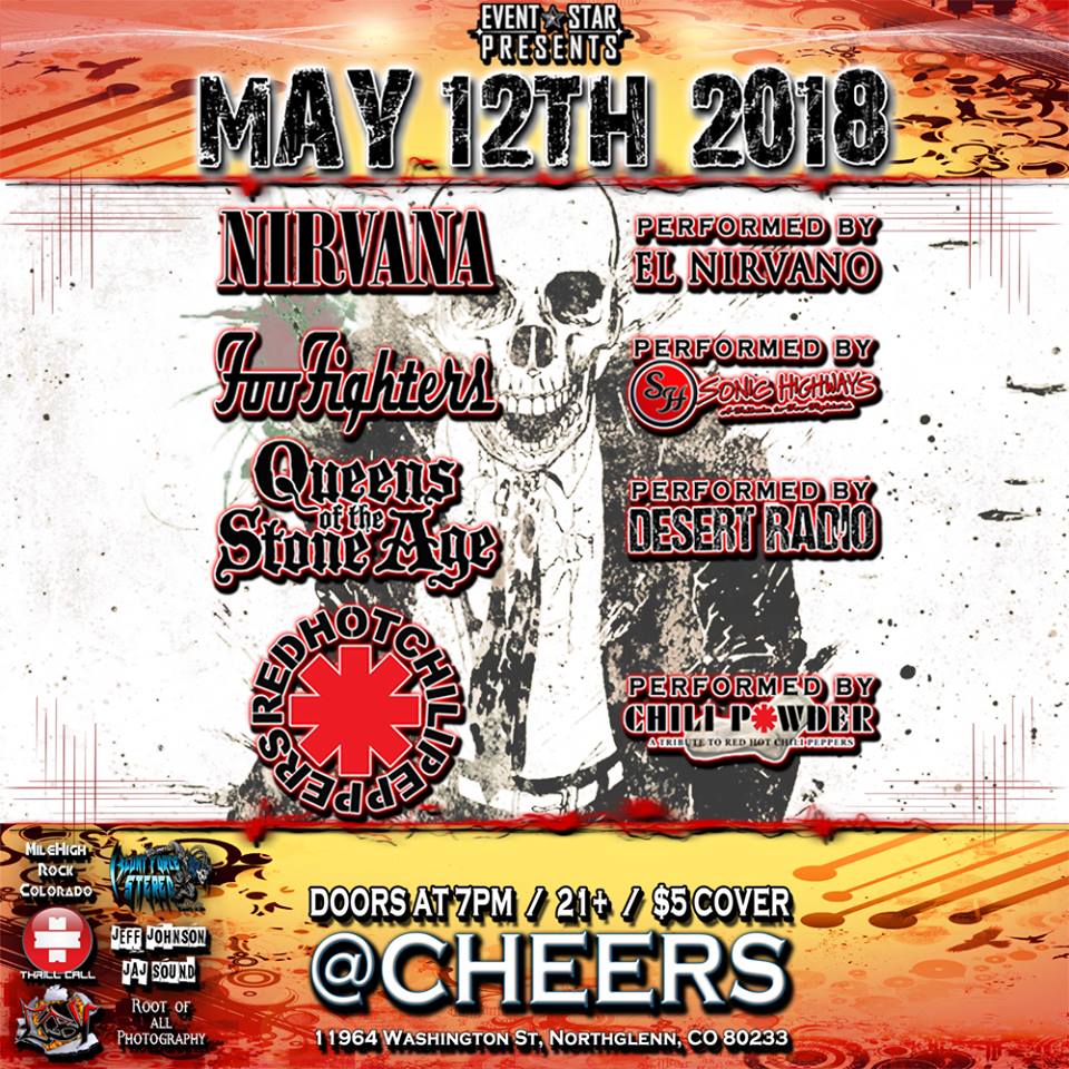 EventStarPro's tweet photo. Win two free #concerttickets to see #Tributes to #Nirvana / #FooFighters / #QueensOfTheStoneAge & #RedHotChiliPeppers #TributeBands @AtCheers in #Northglenn #Colorado & other #EventStar Shows on the @Thrillcall Mobile #Concert App. here: https://t.co/VEaZzvZwOm https://t.co/ykreVkWRN3