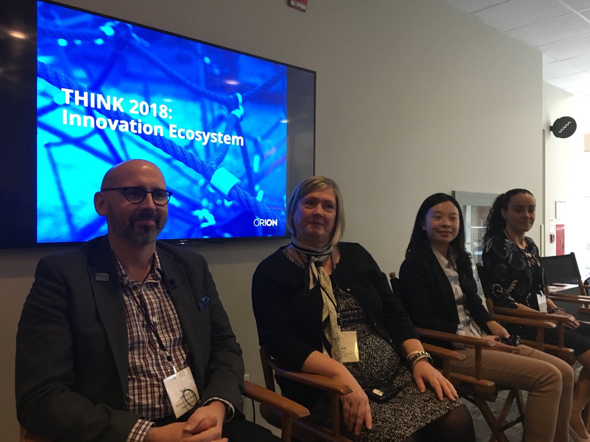 ORIONNetwork's tweet photo. The Living Network panel at #think18: a healthcare collaboration made in #ontario between college, university, computing and a startup https://t.co/CJybGNIeyX