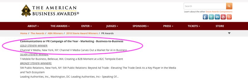 Oh, heyyyy... <a href="/channelvmedia/">Channel V Media</a> won a Gold Stevie Award for its work with <a href="/albertaimktg/">Albert AI Marketing</a> to "carve out a market for AI in business." Congrats to the CVM team and to our clients for trusting us to bring their amazing product to market! Full winners list here: stevieawards.com/aba/2018-pr-aw…