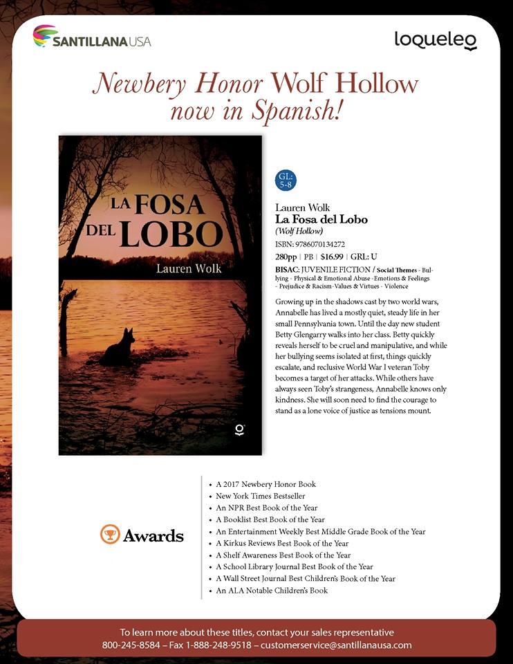 loqueleousa's tweet photo. Newbery Honor Wolf Hollow now in Spanish! #ChildrensLiterature #Books https://t.co/MfCs6sWsaY