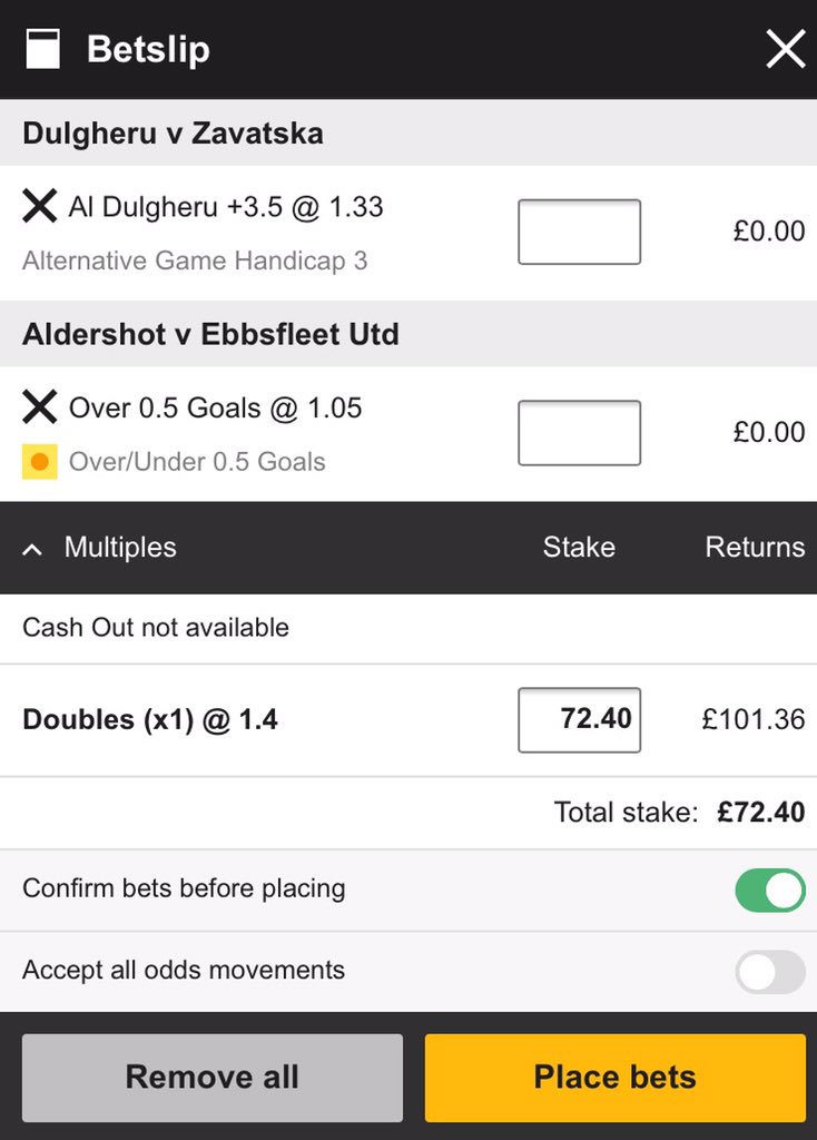 GamblingGrad's tweet image. 💰 BET 6 £10-£100 CHALLENGE 💰

£10-£16.60 ✅
£16.60-£30.38 ✅
£30.38-£42.53 ✅
£42.53-£56.56 ✅
£56.56-£72.40 ✅

£72.40 returns £101.36! 💰💰💰

Wanted to just do the tennis game in Rabat (WTA) but didn't quite reach the £100 mark, so have combined it with a football game!