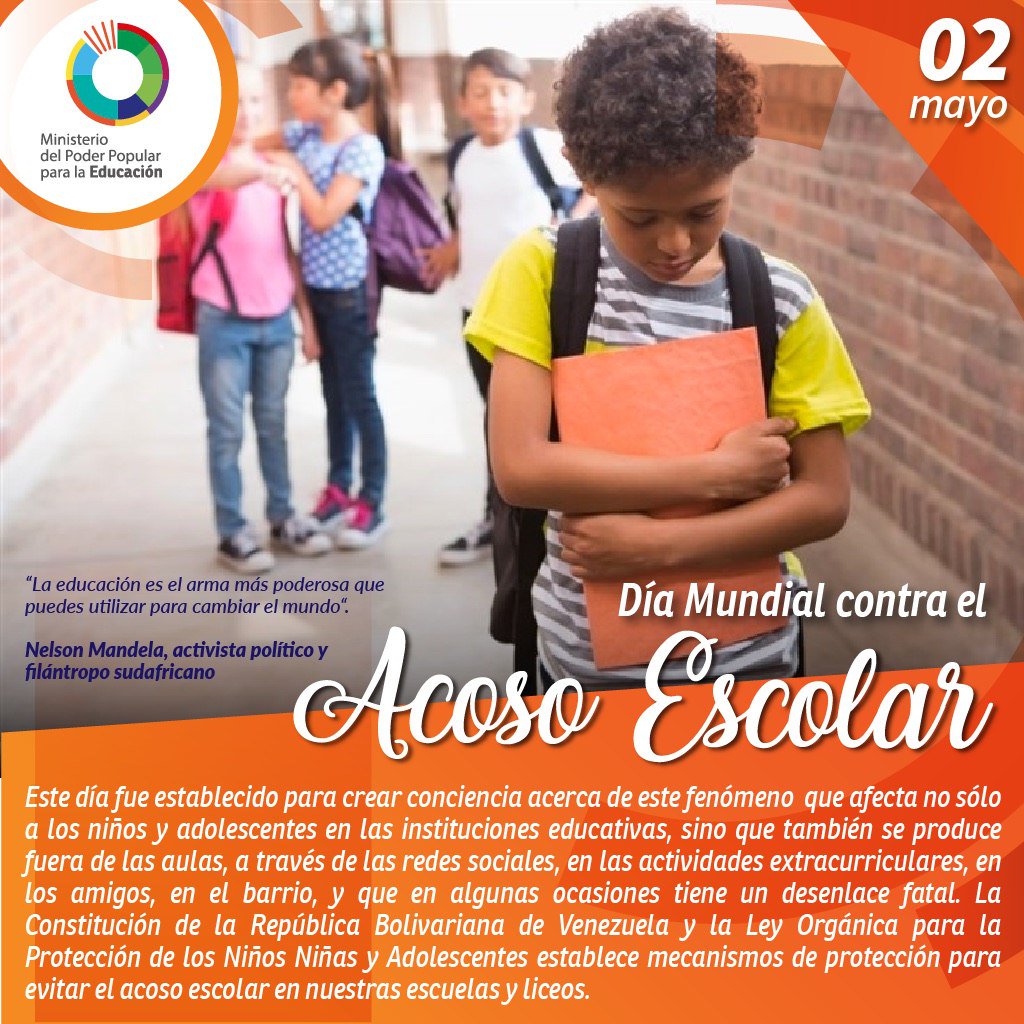 mineducacion_ve's tweet photo. 🗓 #EFEMÉRIDE | El Día Mundial contra el Acoso Escolar busca crear conciencia en la población para contrarrestar cualquier agresión física o psicológica dirigida hacia nuestros niños, niñas y jóvenes @JauaMiranda  @NicolasMaduro #MayoDeProtecciónYFuturo ✅ https://t.co/8NyDWKH1H7