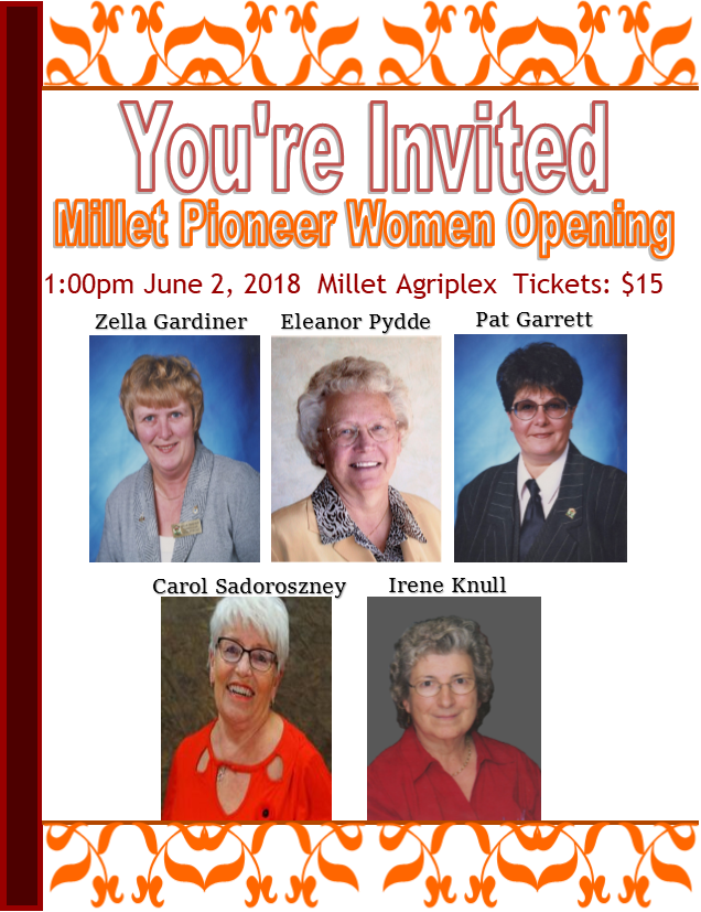 VisitMillet's tweet photo. June 2, we invite you to our Pioneer Women opening! We will be recognizing 5 Millet women who have contributed in throughout our community! Refreshments and entertainment will be provided by comedian Dr. Auntie Dote. $15 entry can be purchased at the museum
Call 780-387-5558 https://t.co/bWIocRa1oe