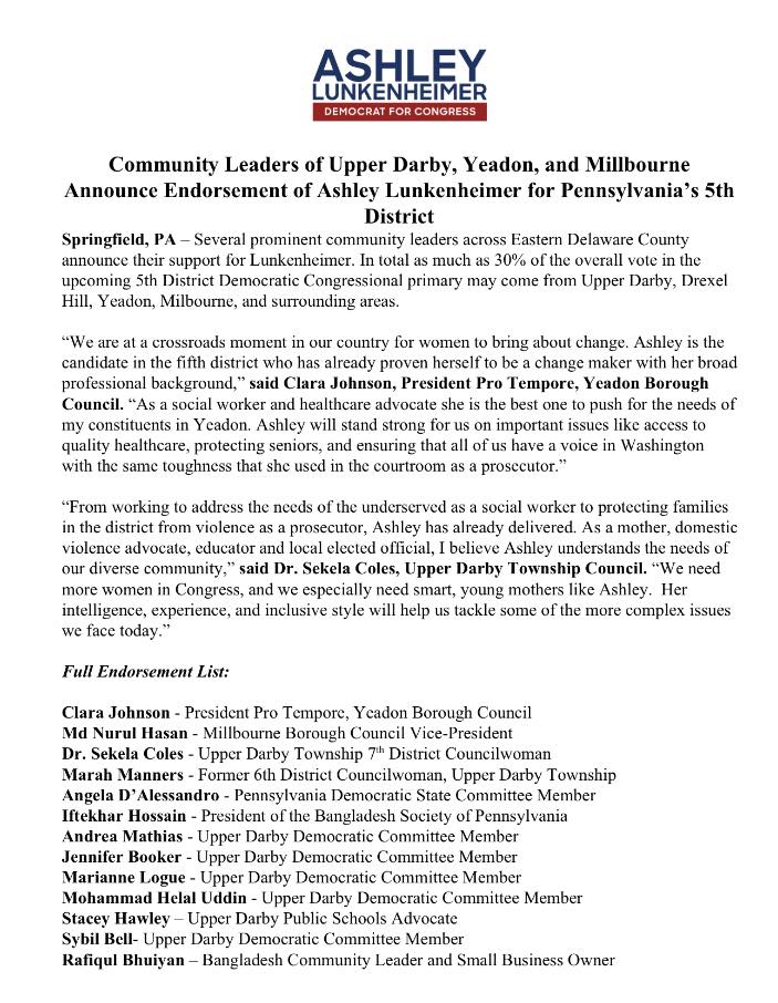 Proud to announce new round of endorsements in #PA5!

"As a mother, advocate for domestic violence victims, educator and local elected official, I believe Ashley understands the needs of our diverse community,” -- Councilwoman Dr. Sekela Coles, Upper Darby

Full Release--