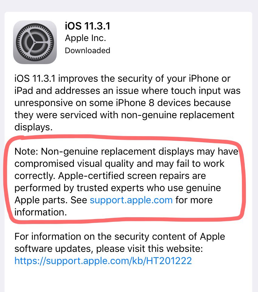 Since iOS 11 was released this is the second time that they have caused issues with screens, iPhone 6S and now iPhone 8.

#BatteryGate Error53 ... there’s a pattern.

Apple want all repairs, they lose $BILLIONS each year to 3rd party repairers.
