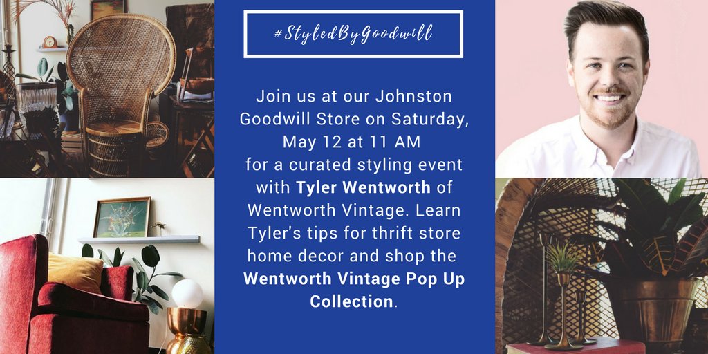 DMGoodwill's tweet photo. We are beyond excited to be partnering with @Tyler_Wentworth on a #StyledByGoodwill event. Saturday May 12 at 11:00 AM!
https://t.co/9uweVW4Aru https://t.co/L3EekCsBhi