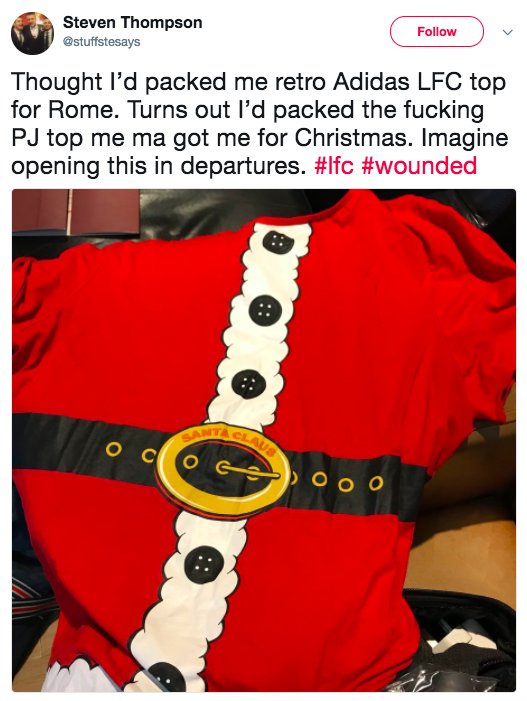 TheSportsman's tweet photo. 🎅 Somewhere in the Stadio Olimpico a Liverpool fan is going mental in a Santa's top... 

Have a class night @stuffstesays

#ROMLIV https://t.co/jUAx5LdkaA