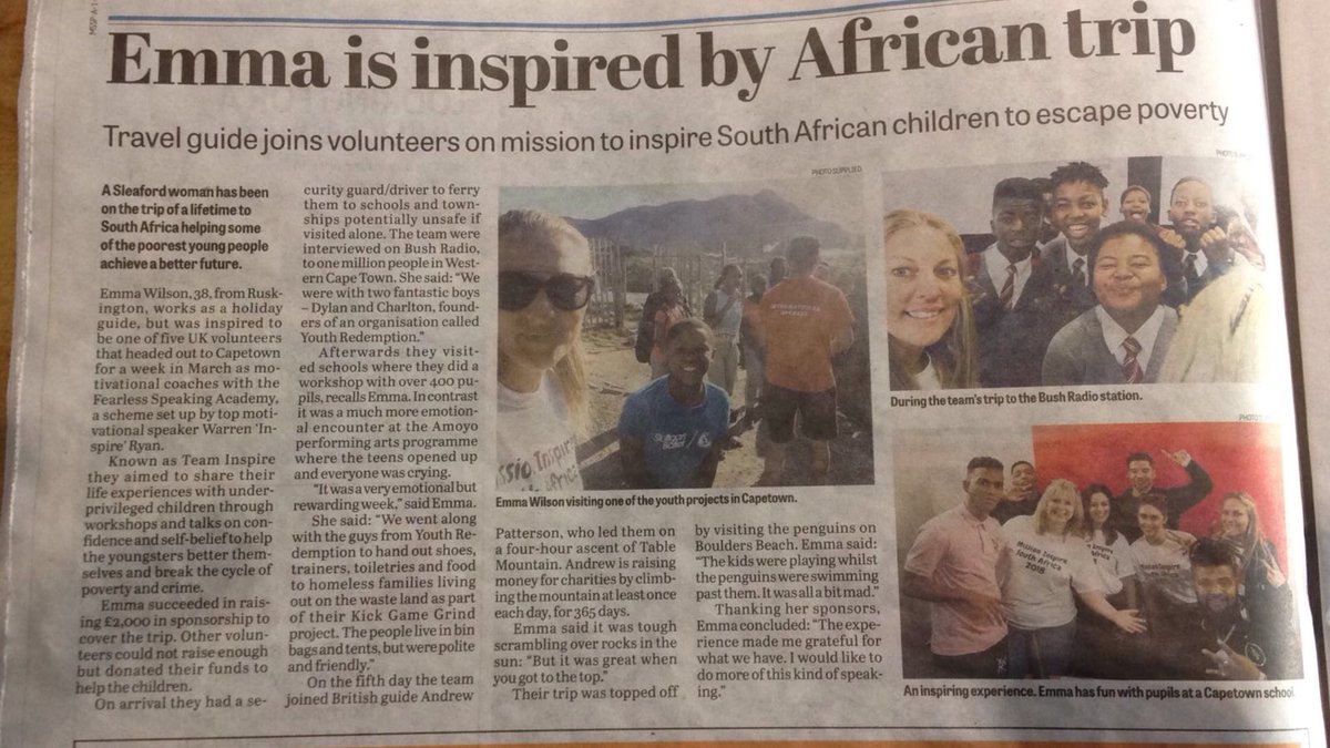 TravelwithELW's tweet photo. BOOM 🙏

So today the story hits the newspaper I just got sent this 💙 

Our trip to SOUTH AFRICA - MISSION INSPIRE 2018, I was so honoured to be part of this with all you amazing people.  💙 @Lianne84 @YRsquadSA @cazstapley @RenGuy336 @AjudaDawn @WarrenInspire @SleafordSt https://t.co/2ICzk7fO1X