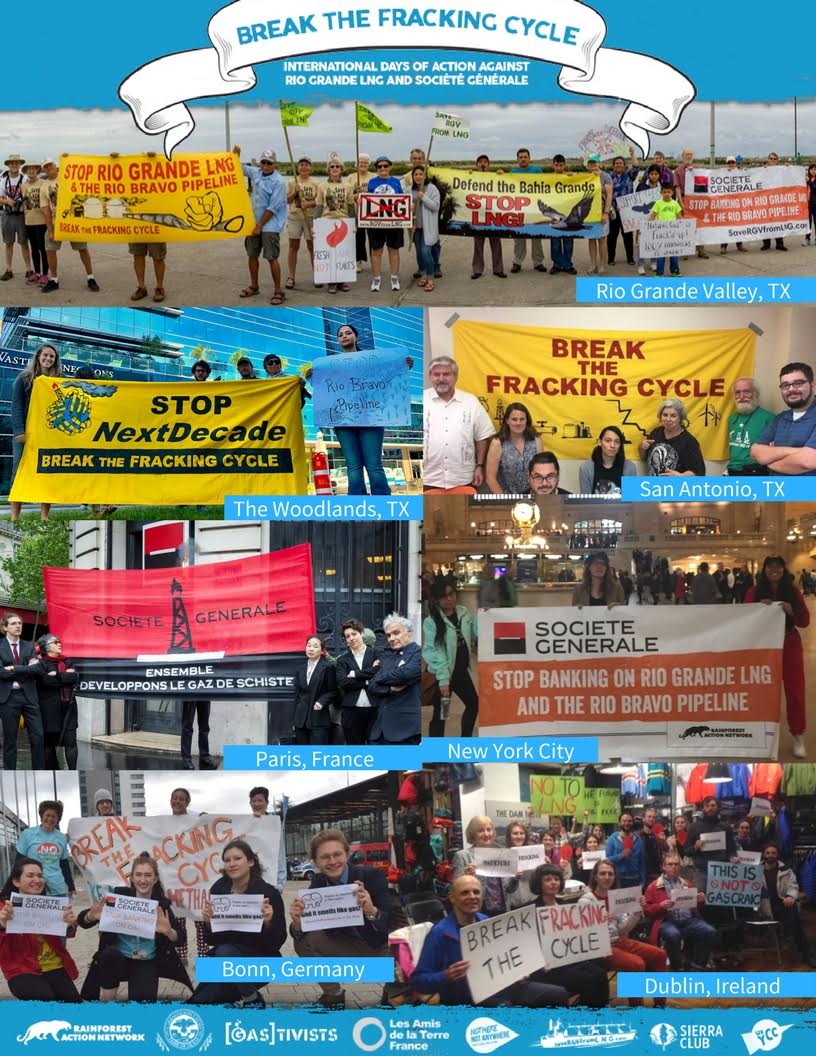 TexasSierraClub's tweet image. From April 27 - May 1, US &amp;amp; European activists hosted #BreakTheFrackingCycle demonstrations across four countries to draw attention to the global consequences of the Texas fracked gas cycle in order to #StopRioGrandeLNG 🌎

Check out our recap video 🎥➡️ sc.org/2IbaT07