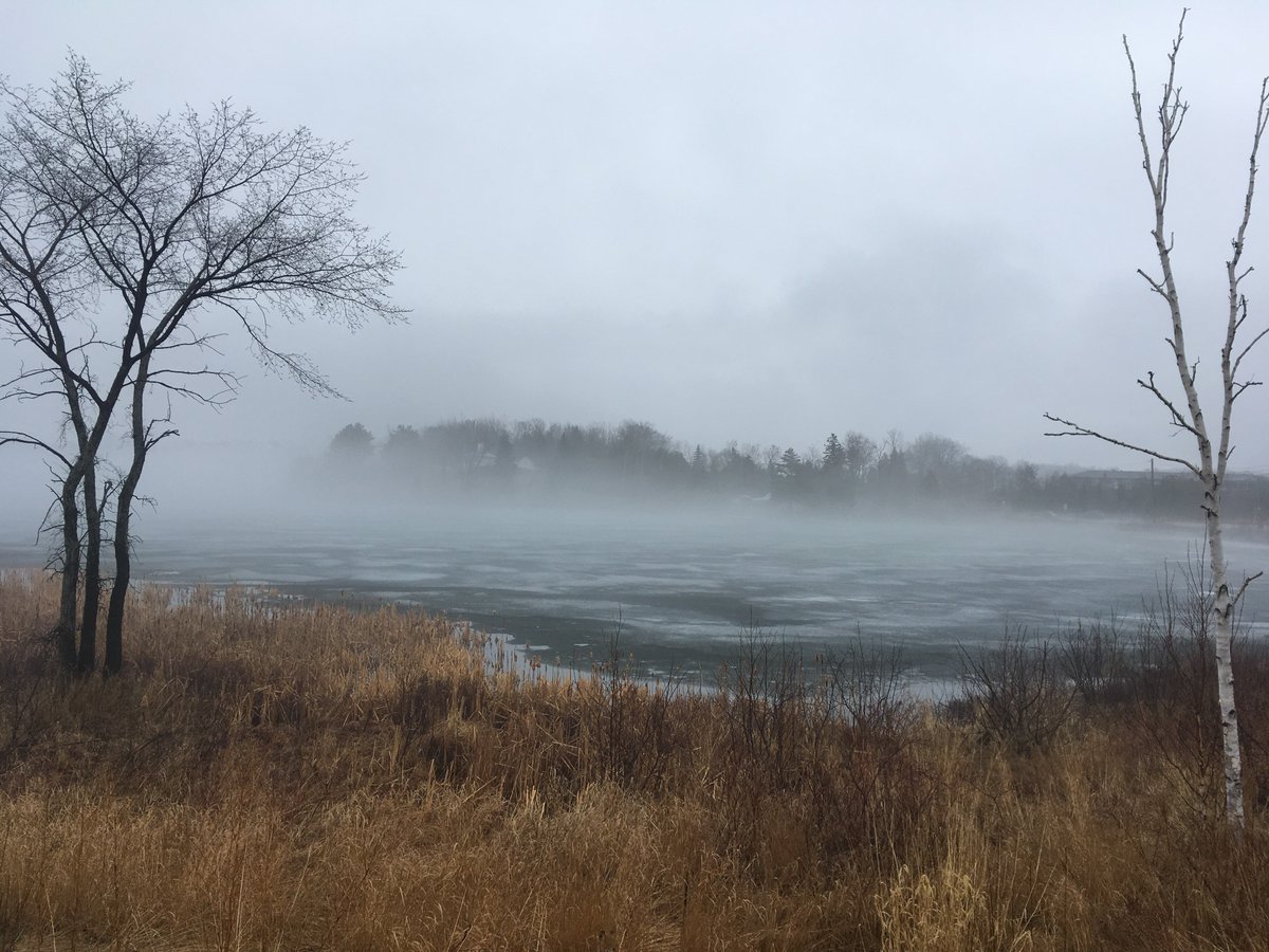AvenSarah's tweet image. This is what it looks like when it’s 16°C and raining, but the lake’s still frozen. (Taken from @LaurentianU’s Living with Lakes Centre)