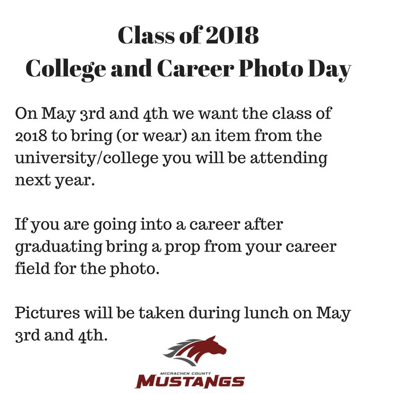 MCPSchools's tweet photo. REMINDER SENIORS @McCrackenCounty TOMORROW &amp; FRIDAY!! @gomccracken @StangGangOrDie @WMichaelC @StangCounselor @stangcounselor4 https://t.co/bo9Zh0E4L3