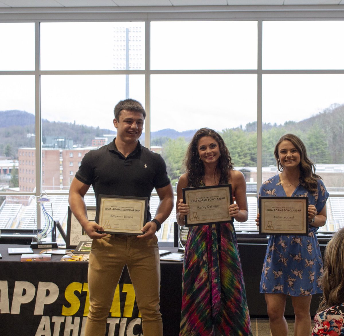 AppCheerleading's tweet photo. Our three athletes that received the Julia Adams Scholarship. Ben, Rainey, and Alisha. Superior all around student-athletes #AppStateCheer https://t.co/ZzTBNsQZwj