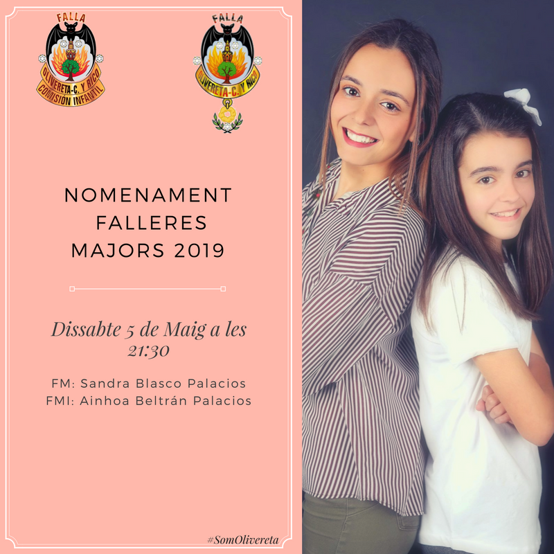 NOMENAMENT FALLERES MAJORS
Este dissabte, tindrem el nomenament de les nostres representants per a les #falles19 Sandra Blasco , la nostra #FM i Ainhoa Beltrán , #FMI
Seguiu els actes de la nostra comissió tant ací, a <a href="/facebook/">Facebook</a> i a <a href="/Tracaperafalles/">Traca</a>  
#SomOlivereta
#FallesTotlAny