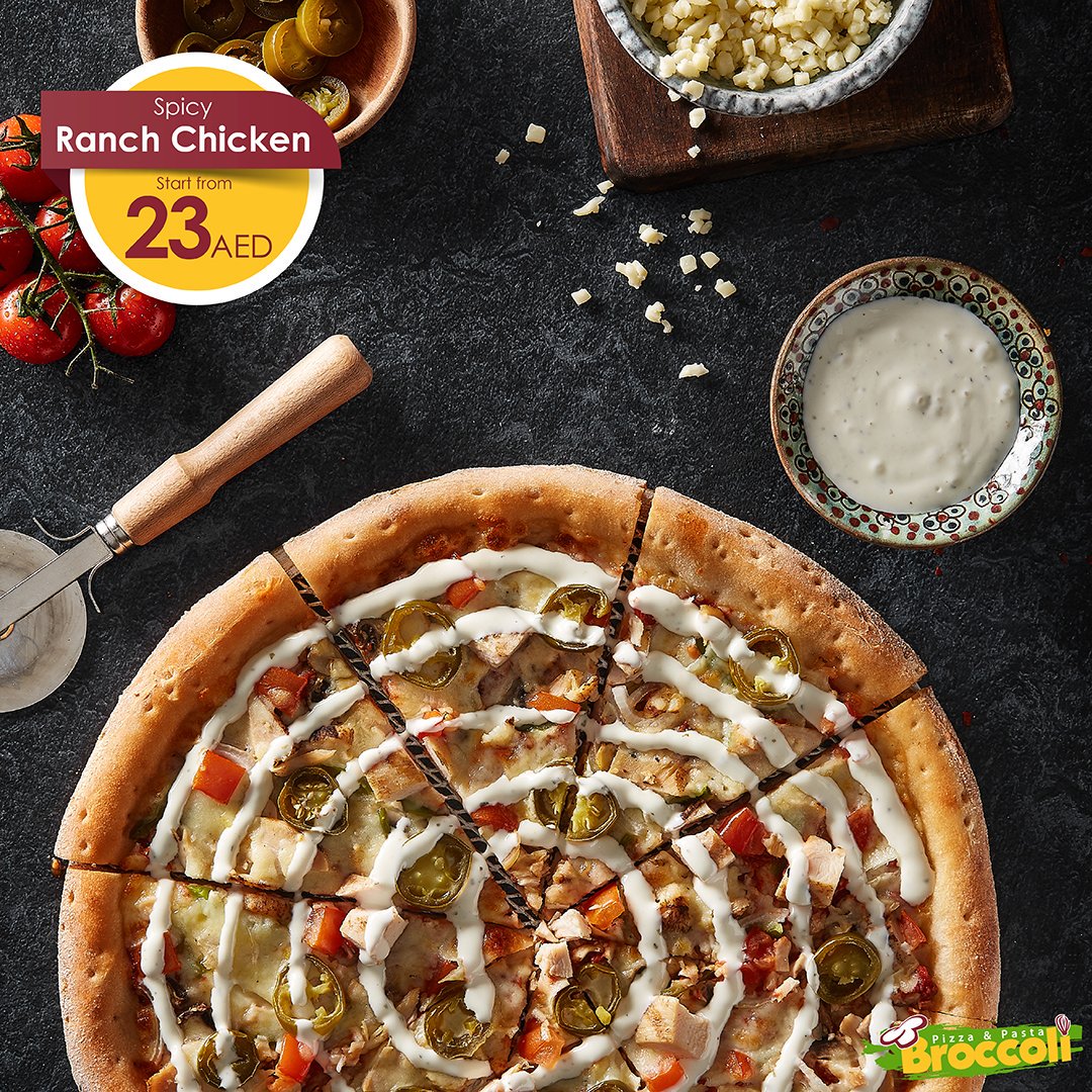 twitter पर broccoli pizza pasta try our new spicy ranch chicken pizza 23aed only والأن من بروكلي بيتزا رانش الدجاج الحار الجديدة كليا ابتداء بـ23 درهم فقط italian food italian pasta food foodie