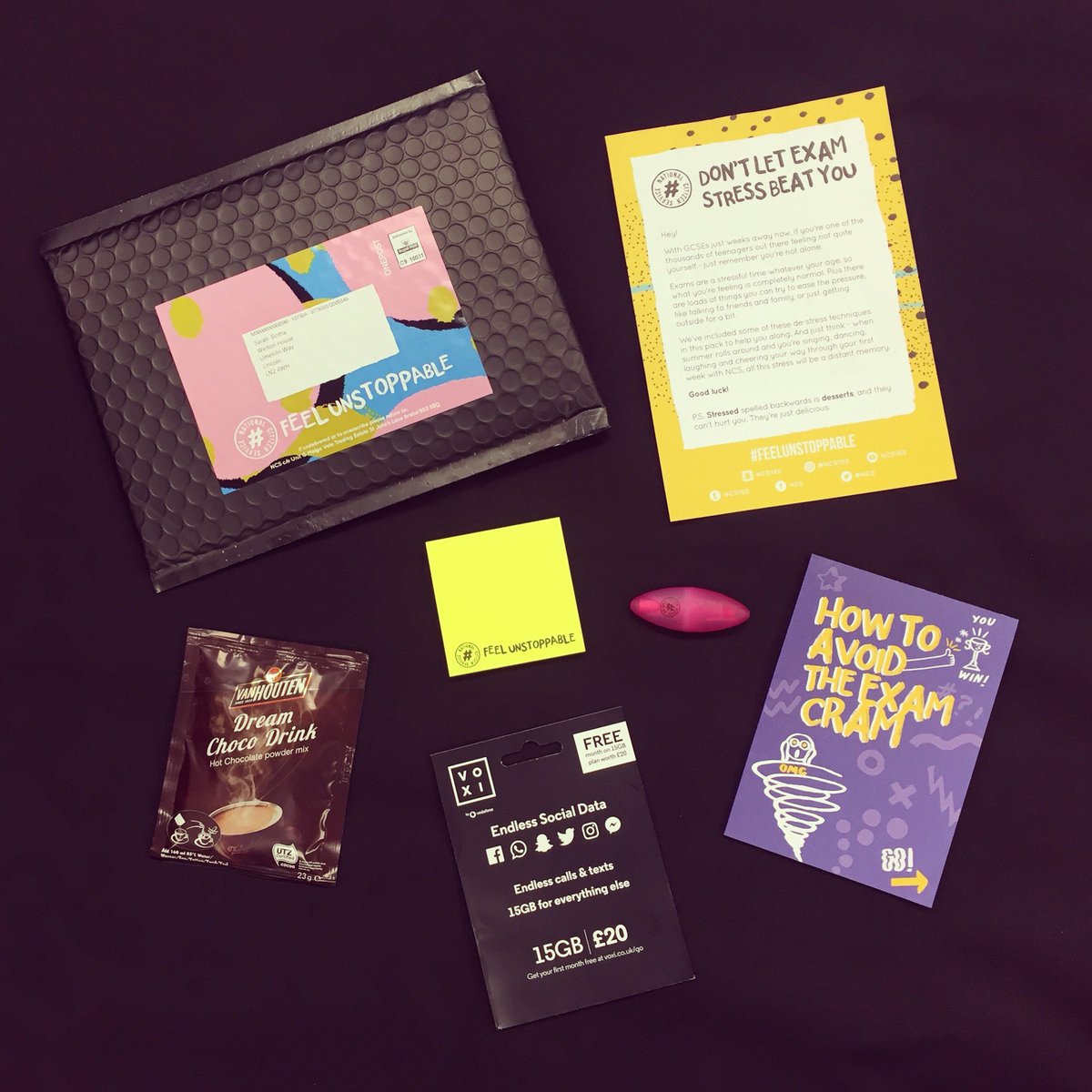 EBP_UK's tweet photo. How cool is this @NCS exam pack? Post it notes | Highlighter | Hot chocolate | SIM card | Exam stress tips
What more could you need?! #feelunstoppable #NCSEM1 https://t.co/IixYpw8oB8