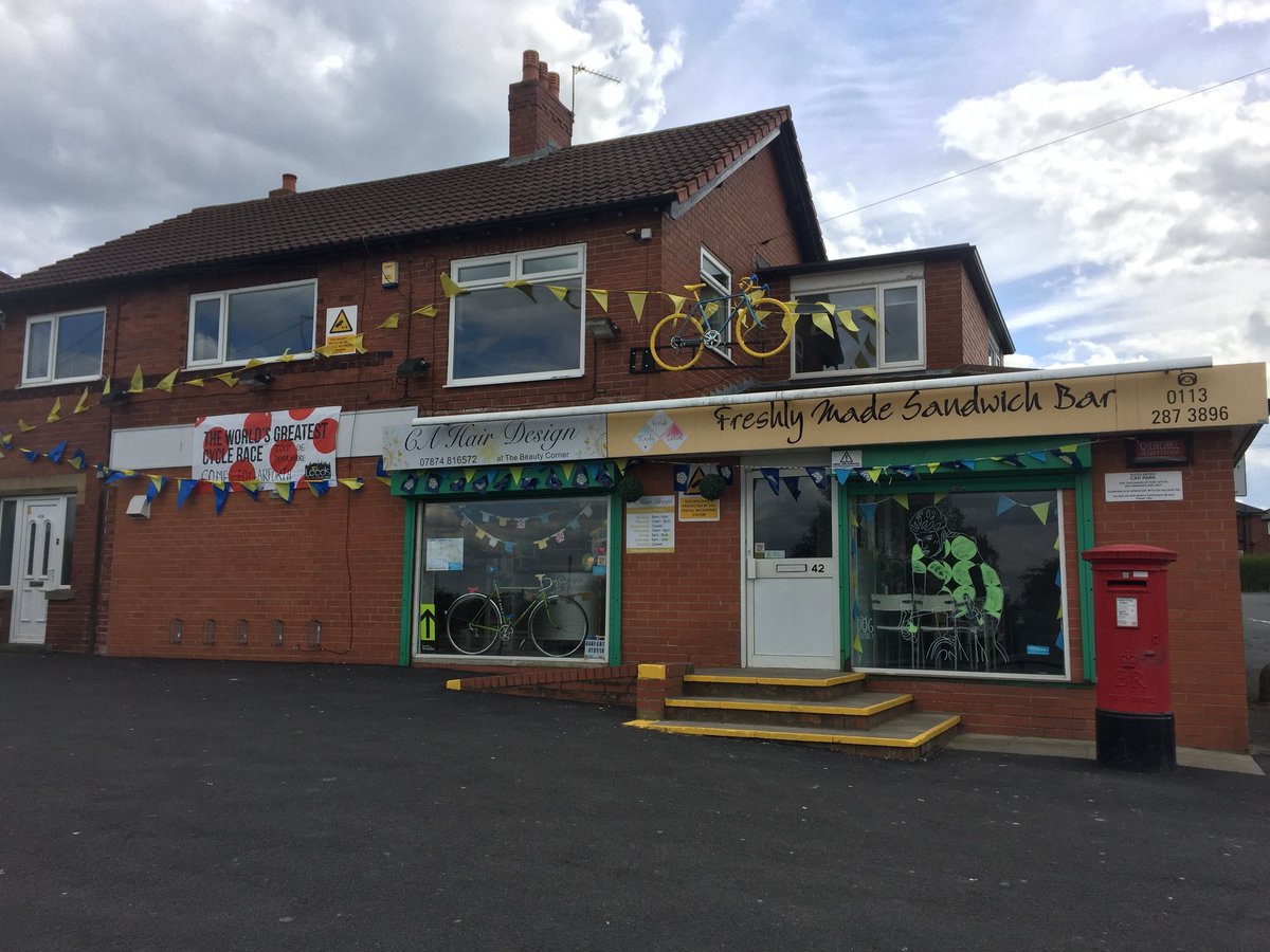 CAHairDesgn's tweet photo. All ready for @letouryorkshire big fan of cycling 🚴 so couldn’t resist decorating even though we aren’t on the route. Cannot wait!! #garforth #TDY18 https://t.co/PRph5cywqa