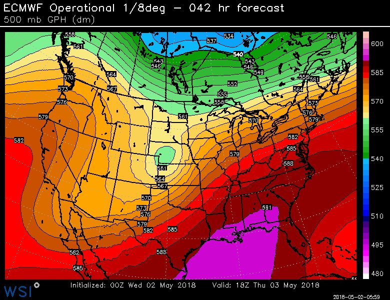 MJVentrice's tweet photo. An appearance of the 591dm subtropical ridge popping up tomorrow across the Southeast. Going to pump alot of warm air towards the northeastern states over the next couple of days. #Winter2Summer https://t.co/7rOO55Gucb