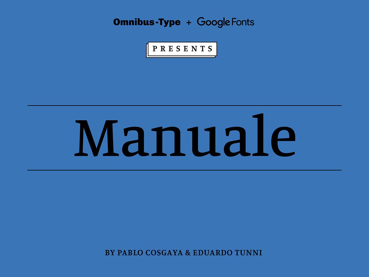 OmnibusType's tweet photo. 😎 Manuale (Design: Pablo Cosgaya, Eduardo Tunni & Omnibus-Type Team). ❤️ Total: 8 fonts. 🚀Published in Behance in July 17th, 2015: https://t.co/6PDe8Iwz3W #PressSeries #GoogleFonts #Fontsquirrel https://t.co/sTMOc3Ff4A