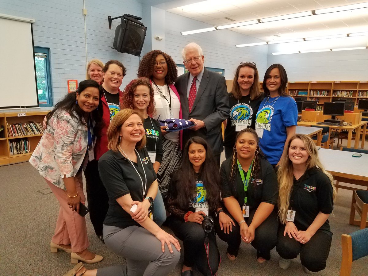 WCPSS's tweet photo. After touring Fuller Magnet Elem. with other elected officials, @RepDavidEPrice presented the school with a flag flown over the US Capitol. @FullerMagnetAP #FullerElementary #FullerPTA #ElectedOfficialsVisit2018 #WhatStartsHereChangesEverything https://t.co/MjqOo7Oq6l