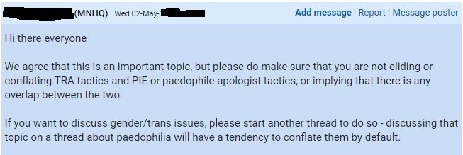 The women of MumsNet have been scolded by MumsNetHq for discussing this thread and how a paedophile is proposing to co-opt tactics and piggy back on LGBT & feminist advances..