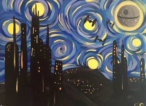 We're pretty excited for Friday, May 4 at 7pm. All Star Wars fans will appreciate our "Starry Wars" canvas choice on this day! And, just $30 per painter. RSVP: bit.ly/2vNXKVW. #starwars #maythefourthbewithyou