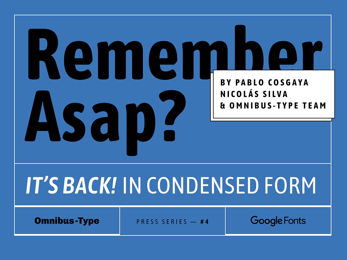 OmnibusType's tweet photo. 😎 Asap Condensed (Design: Pablo Cosgaya, Nicolás Silva & Omnibus-Type Team). ❤️ Total: 8 fonts. 🏆Selected in Tipos Latinos 2016. 🚀Published in Behance in October 13rd, 2015: https://t.co/q09OerG8tG #PressSeries #GoogleFonts #Fontsquirrel https://t.co/uZ7QMlLqrT