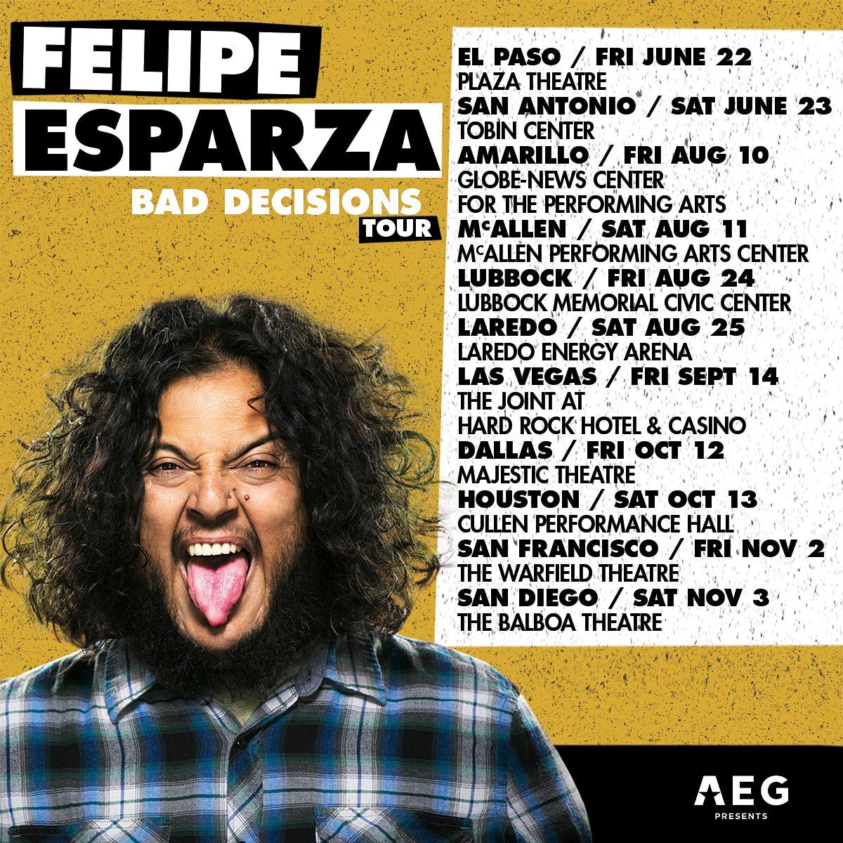 funnyfelipe's tweet photo. Tickets are on sale NOW for all of these cities on the #BadDecisionsTour.

Go to https://t.co/pBZIEbLJ5K for all the legit ticket links. Just search my name or the venue name. https://t.co/B29BoeSF35
