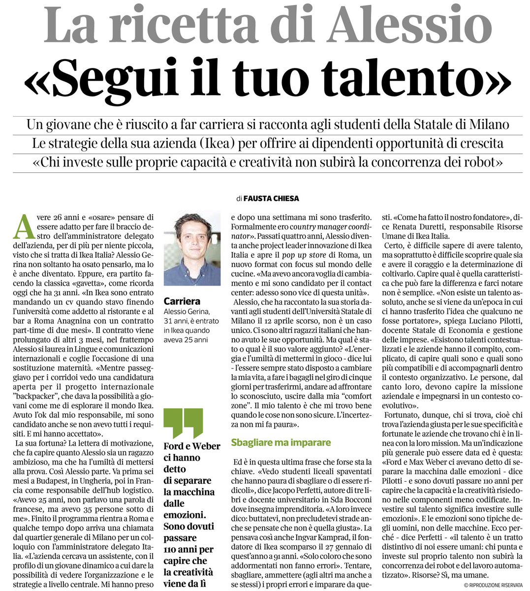 Segui il tuo talento. È stata riassunta così la bella storia del nostro Alessio su <a href="/CorriereBN/">CorriereBuoneNotizie</a>. Grazie <a href="/FAUSTACHIESA1/">Fausta Chiesa</a> per aver raccontato la Talent Focus Week e la ricetta di <a href="/IKEAITALIA/">IKEA</a> per raggiungere i propri obiettivi professionali. #IKEAtalents <a href="/Corriere/">Corriere della Sera</a>