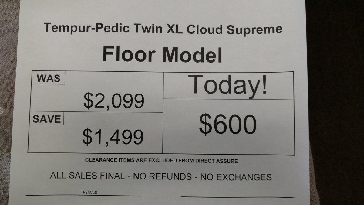 mcsqueal79's tweet photo. #Sale‼️ #Closeout #RetiredFloorSample #Tempurpedic #TempurCloudSupreme #TwinXL NOW ONLY 💲600  Was $2099. Sold as-is with no refunds, no warranty. Premium pressure relief! Excellent support system! Cooling technology! #SleepRules #AskForShaun #SleepFuelsEverything https://t.co/XzgmBY15Kd