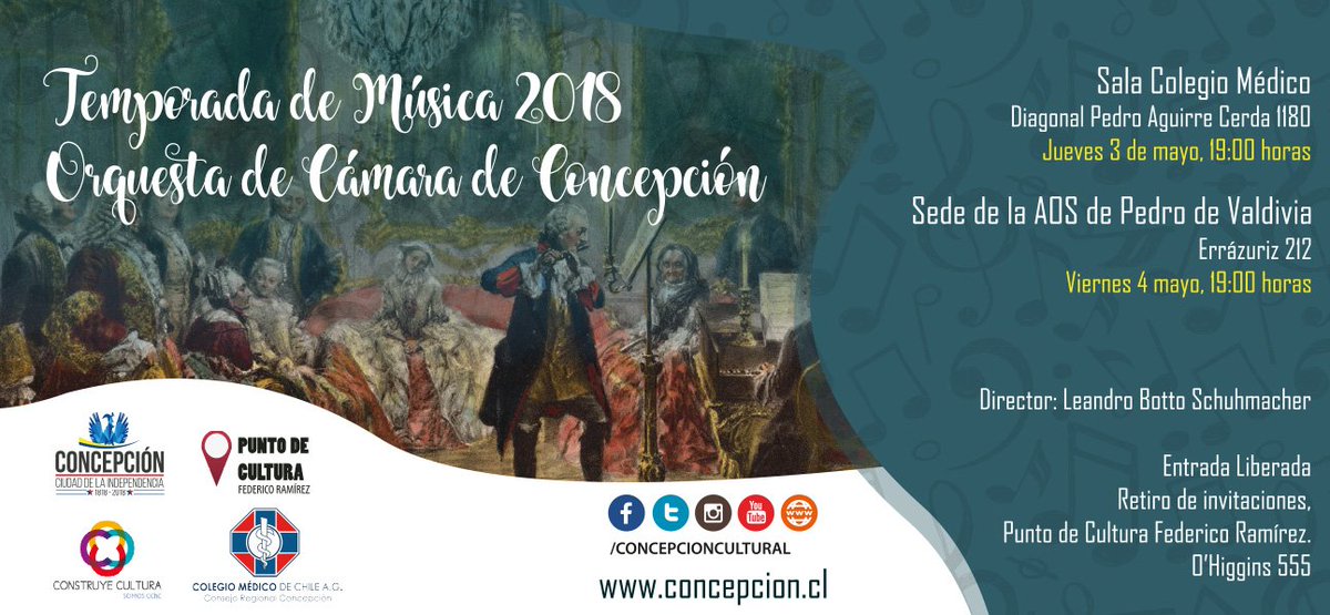 concecultural's tweet photo. Amigas y amigos 🤩🎻! Recuerden que hoy estamos entregando las entradas en el Punto de Cultura Federico Ramírez (O'Higgins 555) para el primer concierto de la Orquesta de Cámara de Concepción en la Temporada de Música 2018 en el Colegio Médico, jueves 3 de mayo, a las 19:00 horas https://t.co/qU2bDaiECT
