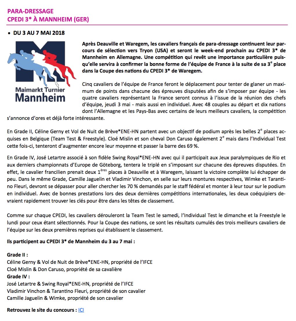 HandiEquiCompet's tweet photo. #Paradressage Cinq couples français, tous adhérents à l'association Handi Equi' Compet, seront ce week-end (3-7 avril) au CPEDI*** de Mannheim en Allemagne, 3ème CPEDI de la saison. 📃Toutes les infos --> https://t.co/Q5eMCygKhL #handisport https://t.co/FOE2PWR1nX