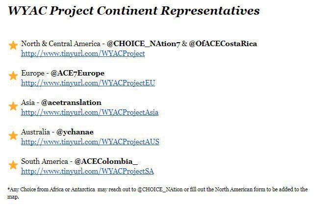 CHOICE_NAtion7's tweet photo. If you're just hearing about the #WYACProject for the first time, or haven't participated yet, be sure to check out the list of all of the representatives that are collaborating as part of this project. Find your continent and fill out the form! 🗺️💖 https://t.co/1RYr7lxcxL