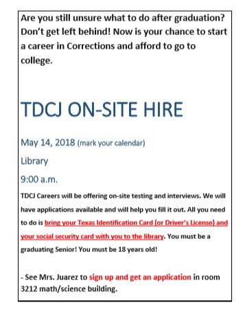 ECISD_CTE's tweet photo. Interested in a career in Criminal Justice? The TDCJ will be ON CAMPUS Monday, May 14th conducting ON SITE interviews and hiring!!! Contact Mrs. Juarez for more information! #ecisdtweets @ECHShornets  #collegeandcareerready https://t.co/VZZOOIXN0d