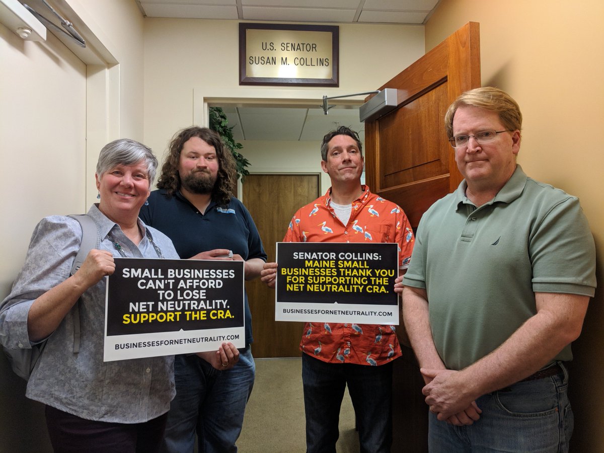 fightfortheftr's tweet photo. Small business owners and constituents thank @SenatorCollins for supporting the #NetNeutrality CRA in Portland, ME this afternoon.

Here they are delivering the https://t.co/fto5TaFy2V open letter with nearly 6,000 #SmallBusiness signers as part of #SmallBusinessWeek https://t.co/esPRSGqpri