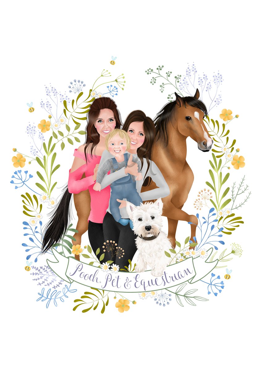 Hey, #WoofWoofWednesday, I really wanted to share this #FamilyPortrait with you! These sisters own the pet shop in my village &amp; asked me to draw them with their Westie &amp; one of their beautiful horses! @WoofWoofNetwork