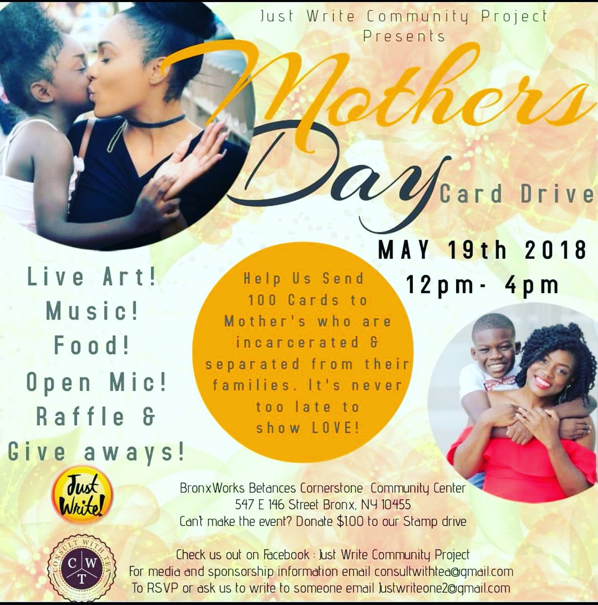 TeaTheCoach's tweet photo. Join Just Write on May 19 in the Bronx as we gather to send 100 cards to mother's that are incarcerated ! We have an excited day planned filled with Art, Food , Music & Love!
#JustWrite #WriteNow #Write #CommunityLuvLetters #ConsultwithTea #CoachTea
#Bronx #NYC https://t.co/SZZqTqObSE