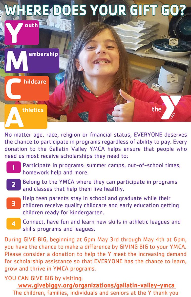 GIVE BIG IS HERE!!!
Beginning tomorrow through May 4th, your gift to the Y will help us meet the many scholarship requests.Every program the Y provides offers scholarships to those demonstrating financial need.
GIVE BIG starting tomorrow. givebiggv.org/organizations/…